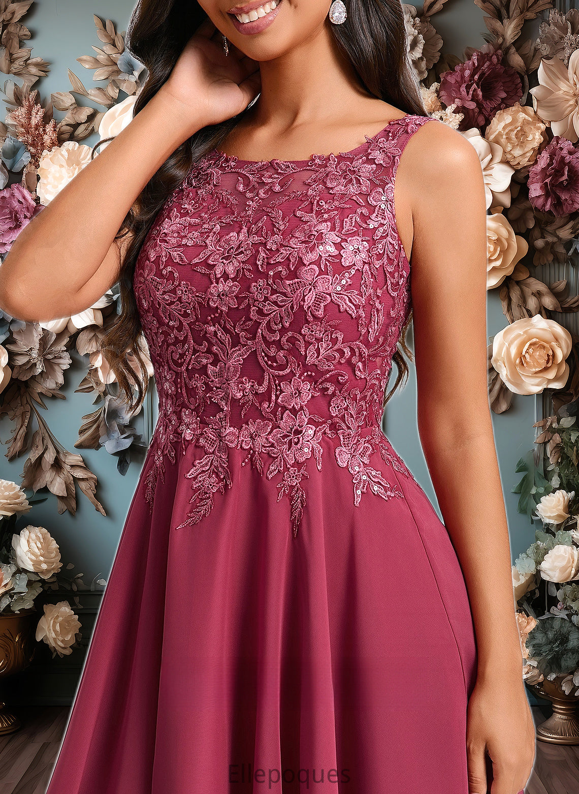 Paulina A-line Scoop Short Chiffon Homecoming Dress With Sequins Appliques Lace HOP0025681