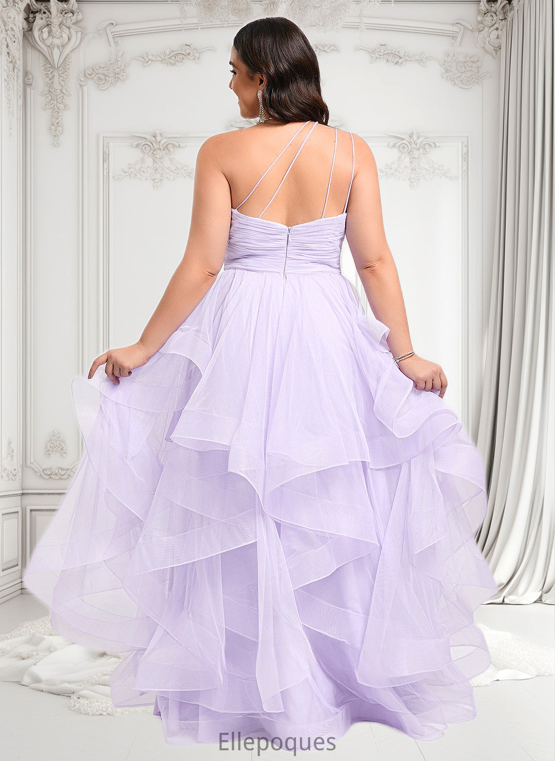 Annie Ball-Gown/Princess Asymmetrical One Shoulder Floor-Length Tulle Prom Dresses HOP0025867