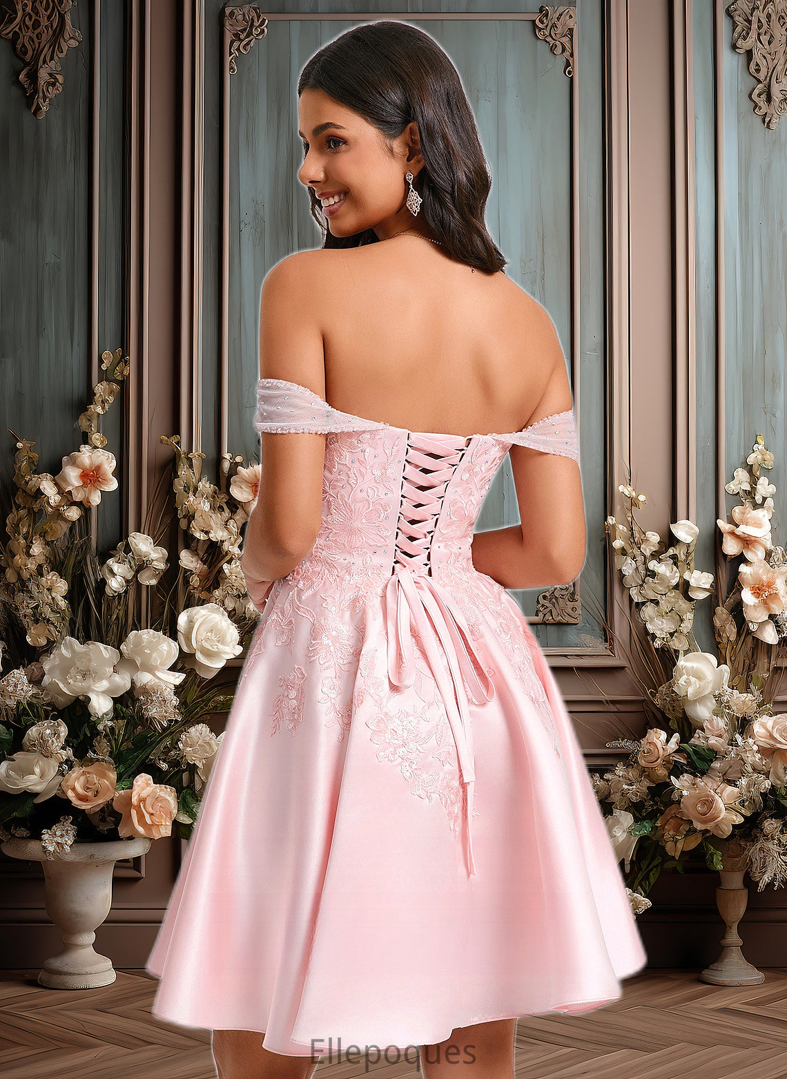 Alicia A-line Off the Shoulder Short Satin Homecoming Dress With Rhinestone Beading Appliques Lace HOP0025679