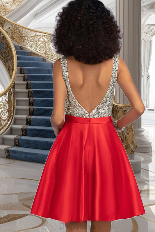 Carissa A-line V-Neck Short/Mini Satin Homecoming Dress With Beading Sequins HOP0020569