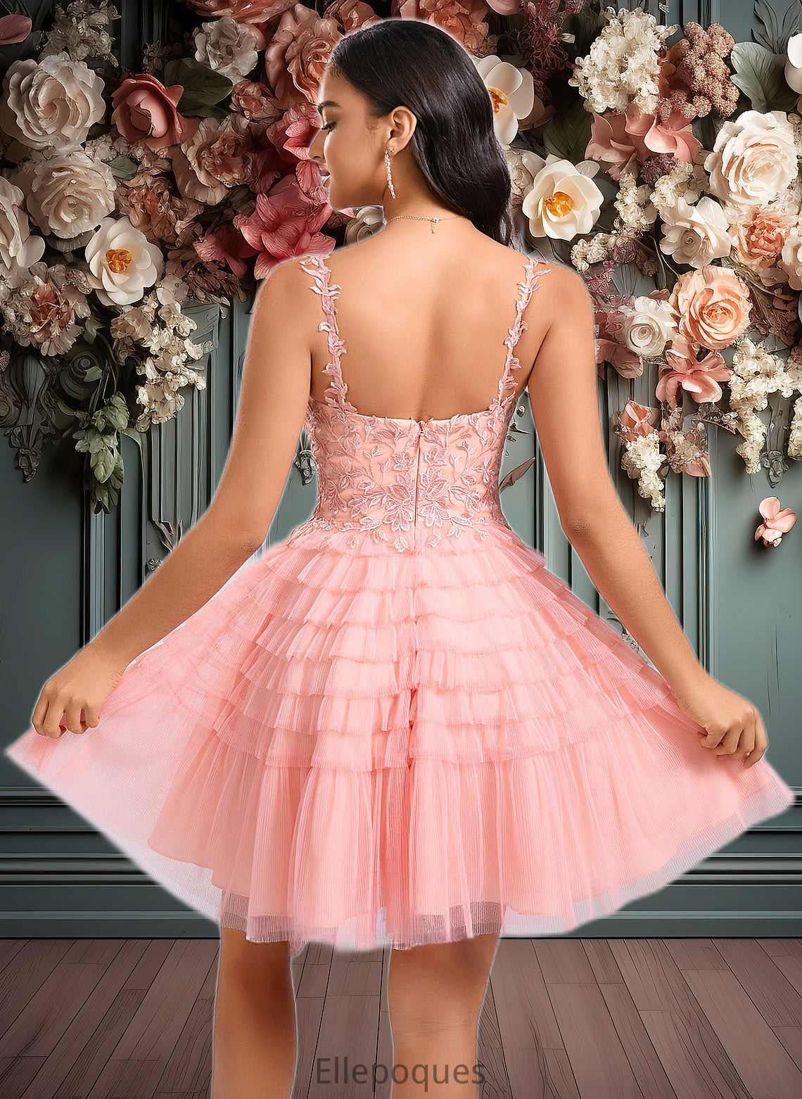 Elaine Ball-Gown/Princess Scoop Short Tulle Lace Homecoming Dress With Ruffle HOP0025676