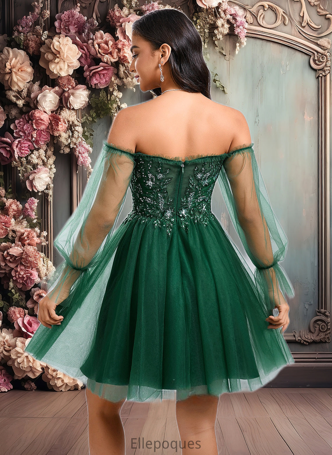 Cassie A-line Off the Shoulder Short Tulle Homecoming Dress With Sequins Appliques Lace HOP0025663