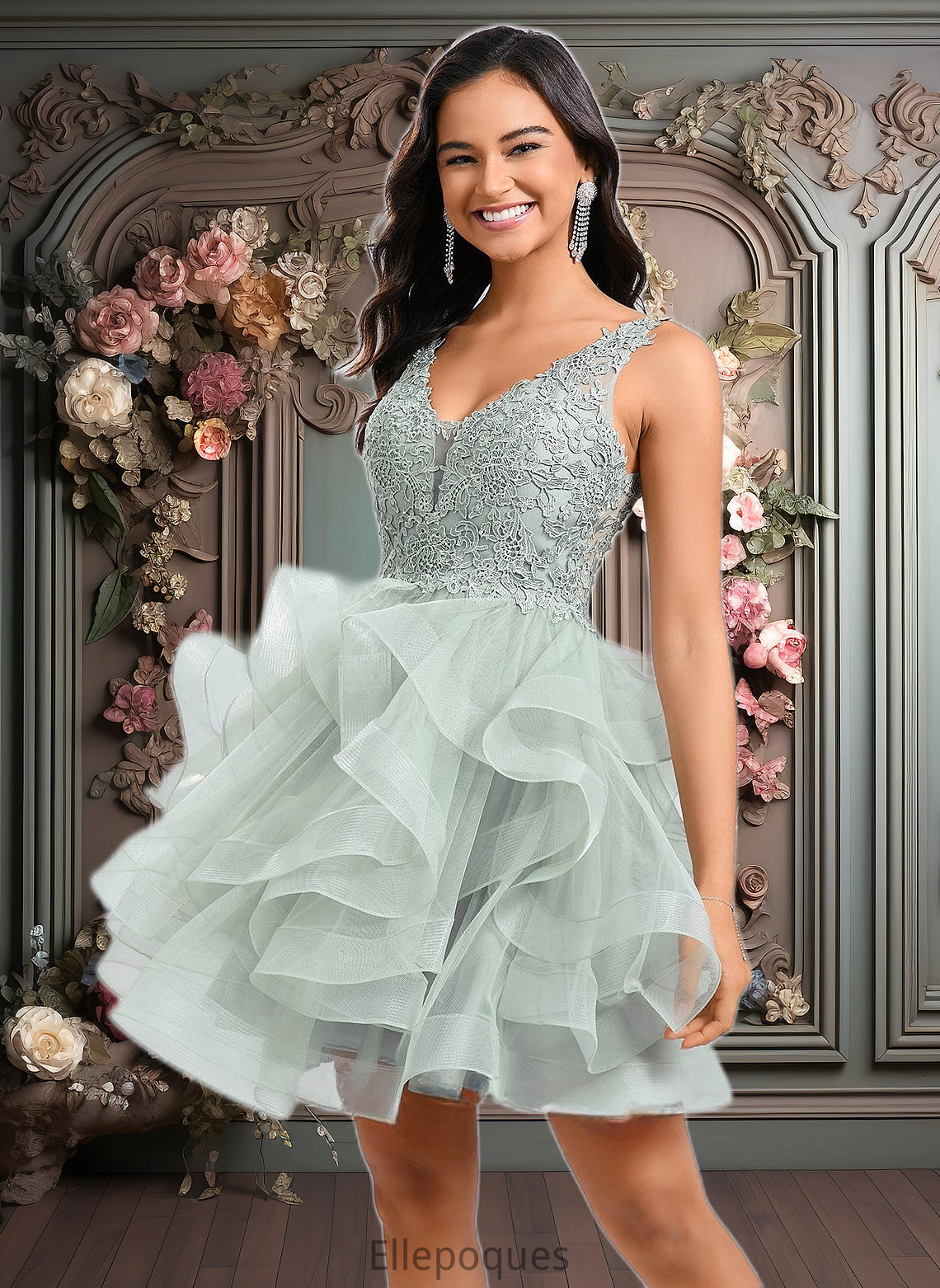 Amani Ball-Gown/Princess V-Neck Short Tulle Lace Homecoming Dress HOP0025671