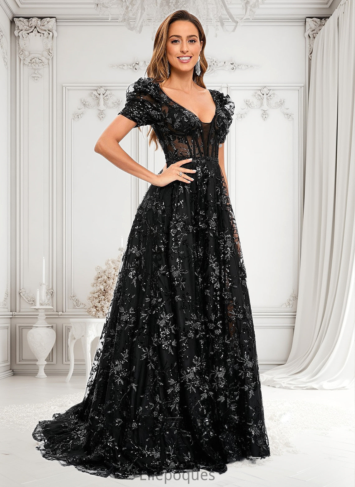 Yuliana A-line V-Neck Sweep Train Floral Lace Prom Dresses With Sequins HOP0025869