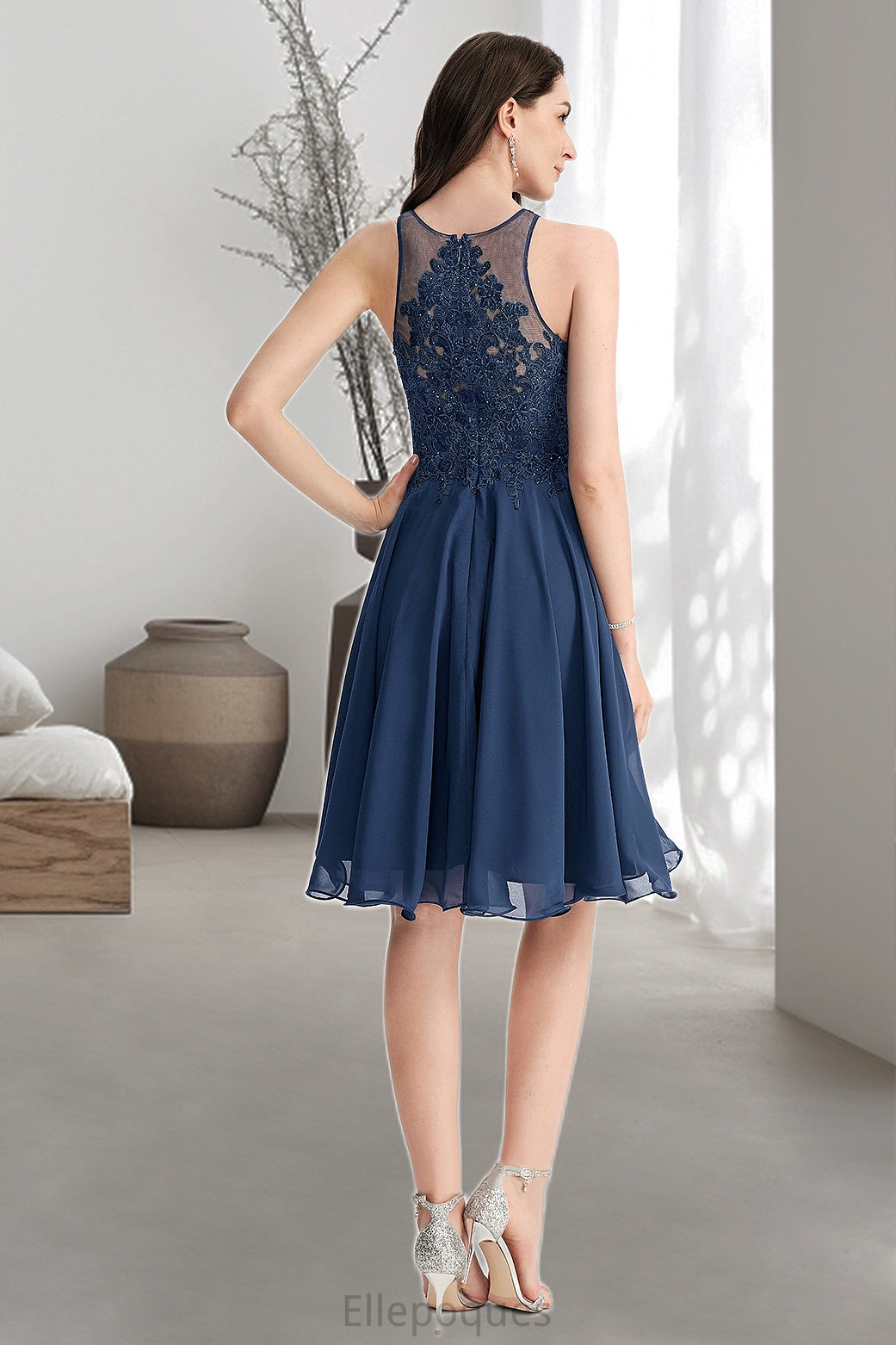 Payten A-line Scoop Knee-Length Chiffon Lace Homecoming Dress With Beading HOP0020515