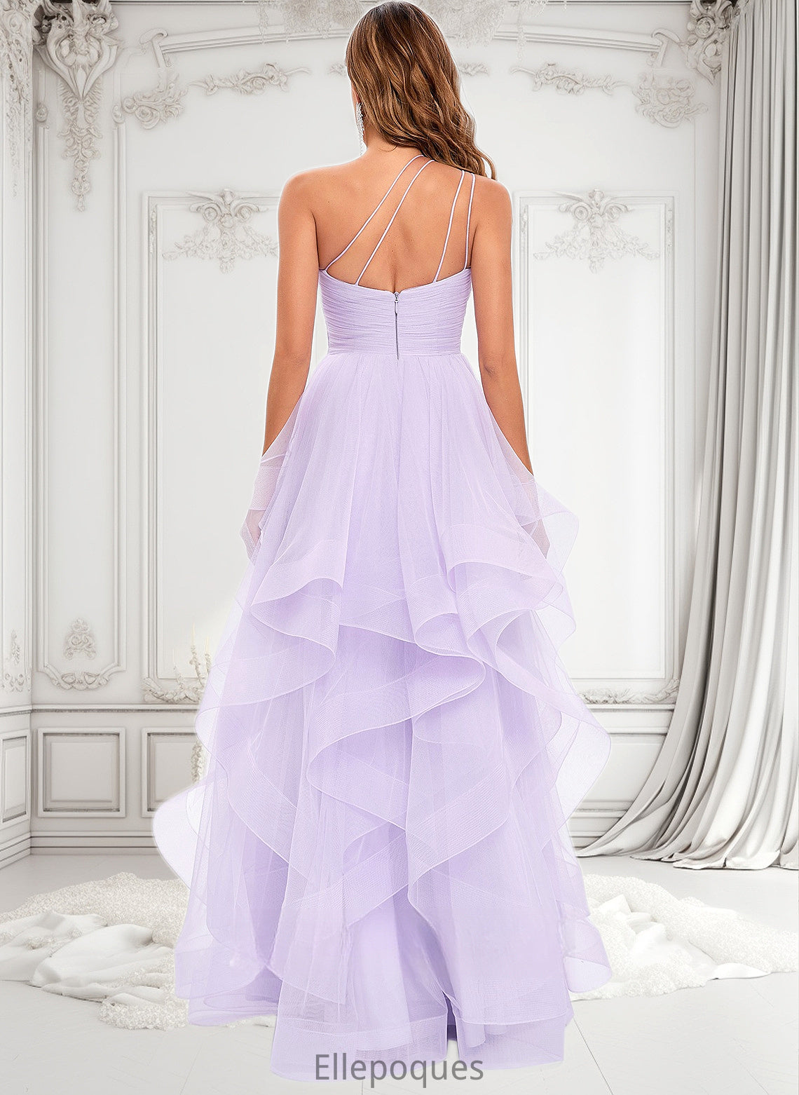 Annie Ball-Gown/Princess Asymmetrical One Shoulder Floor-Length Tulle Prom Dresses HOP0025867