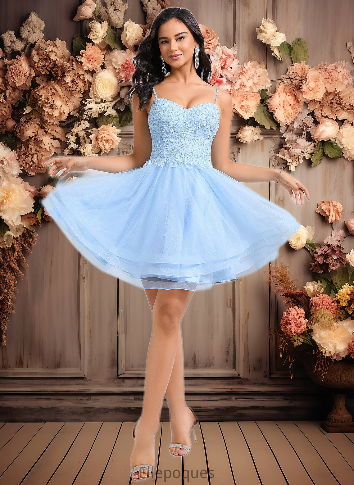 Gertie A-line V-Neck Short Lace Tulle Homecoming Dress With Rhinestone Sequins HOP0025658