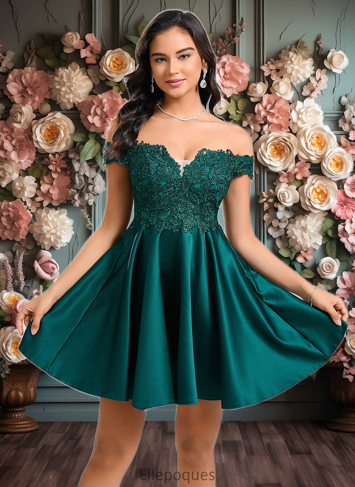 Maren A-line Off the Shoulder Short Lace Satin Homecoming Dress With Rhinestone HOP0025718