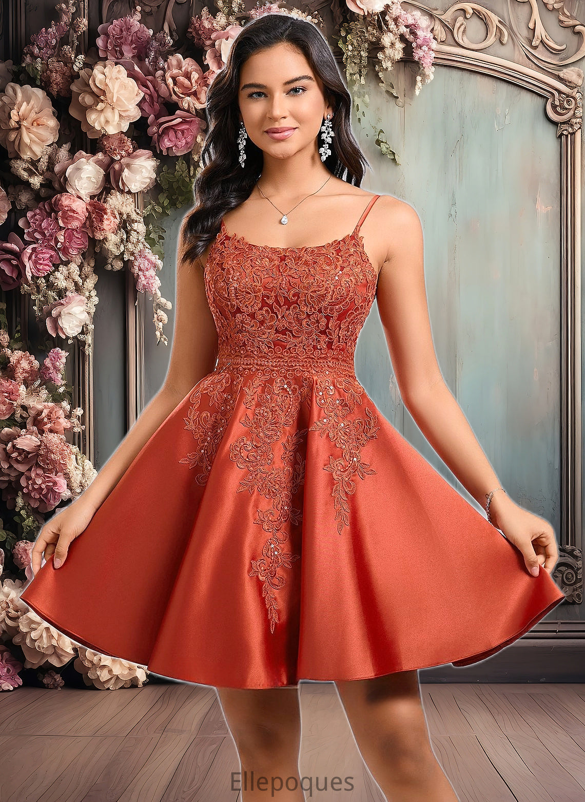 Marian A-line Scoop Short Satin Lace Homecoming Dress With Sequins HOP0025683