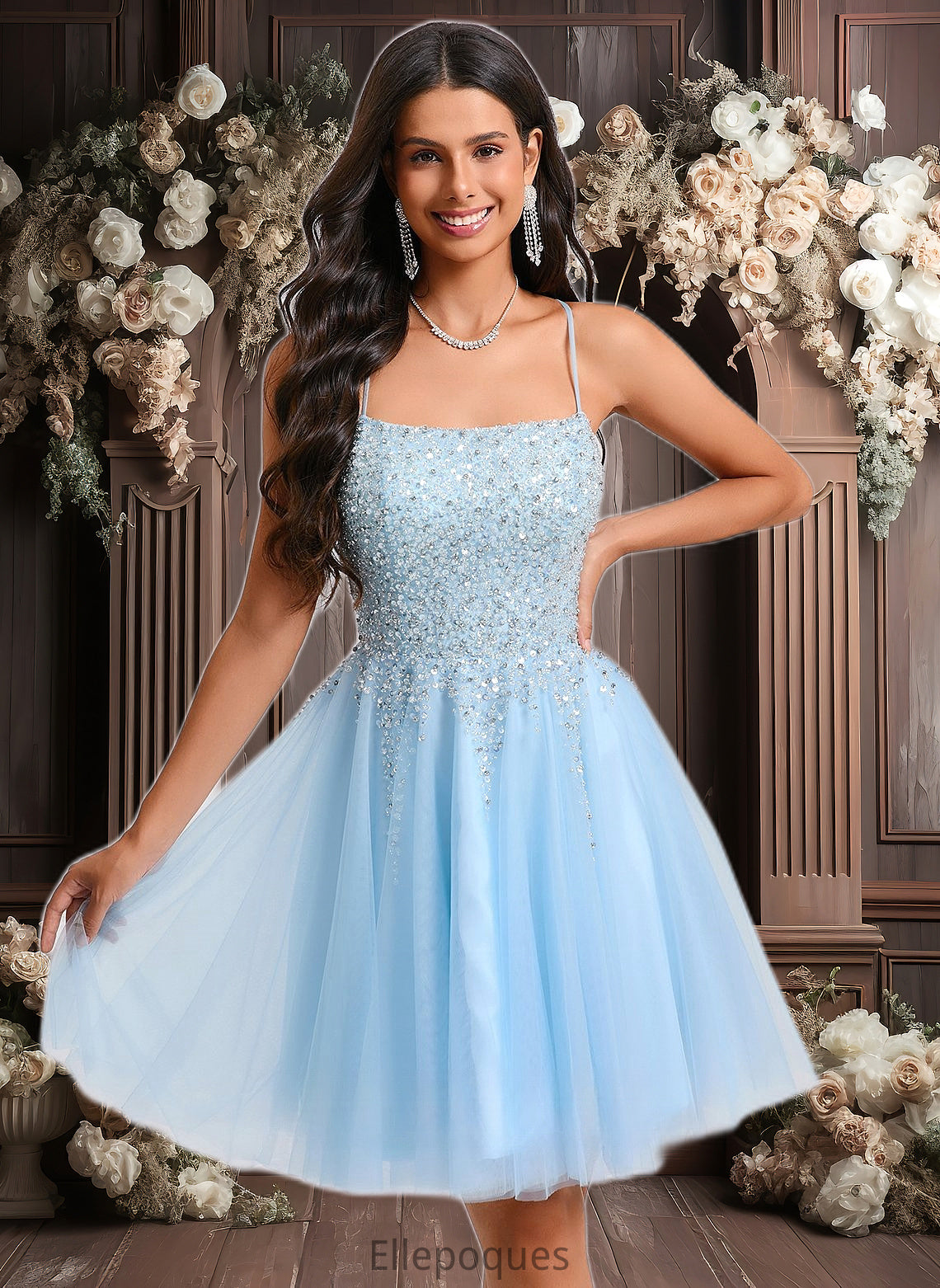 Kamari A-line Scoop Short Tulle Sequin Homecoming Dress With Sequins Beading HOP0025706