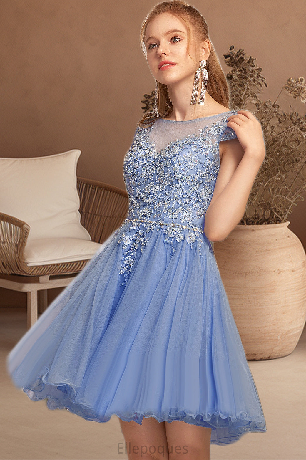 Teresa A-line Scoop Short/Mini Tulle Homecoming Dress With Beading Appliques Lace HOP0020547