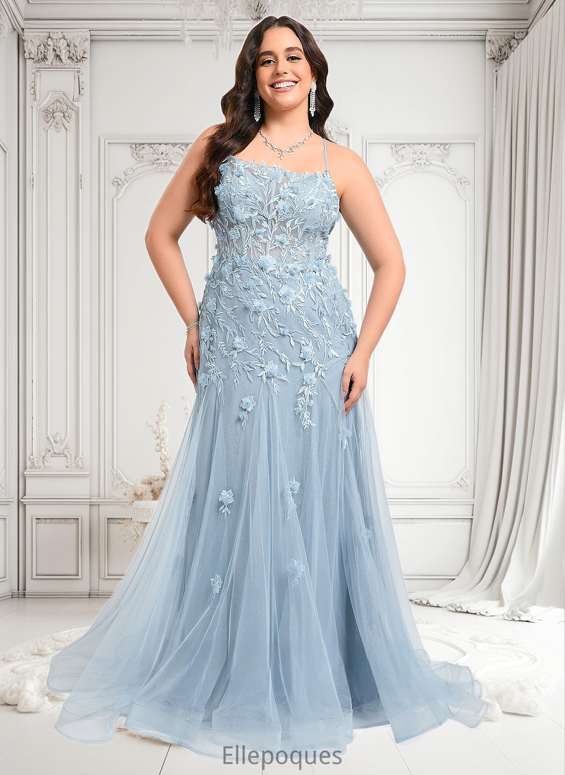 Laurel Trumpet/Mermaid Straight Sweep Train Tulle Prom Dresses With Flower HOP0025866