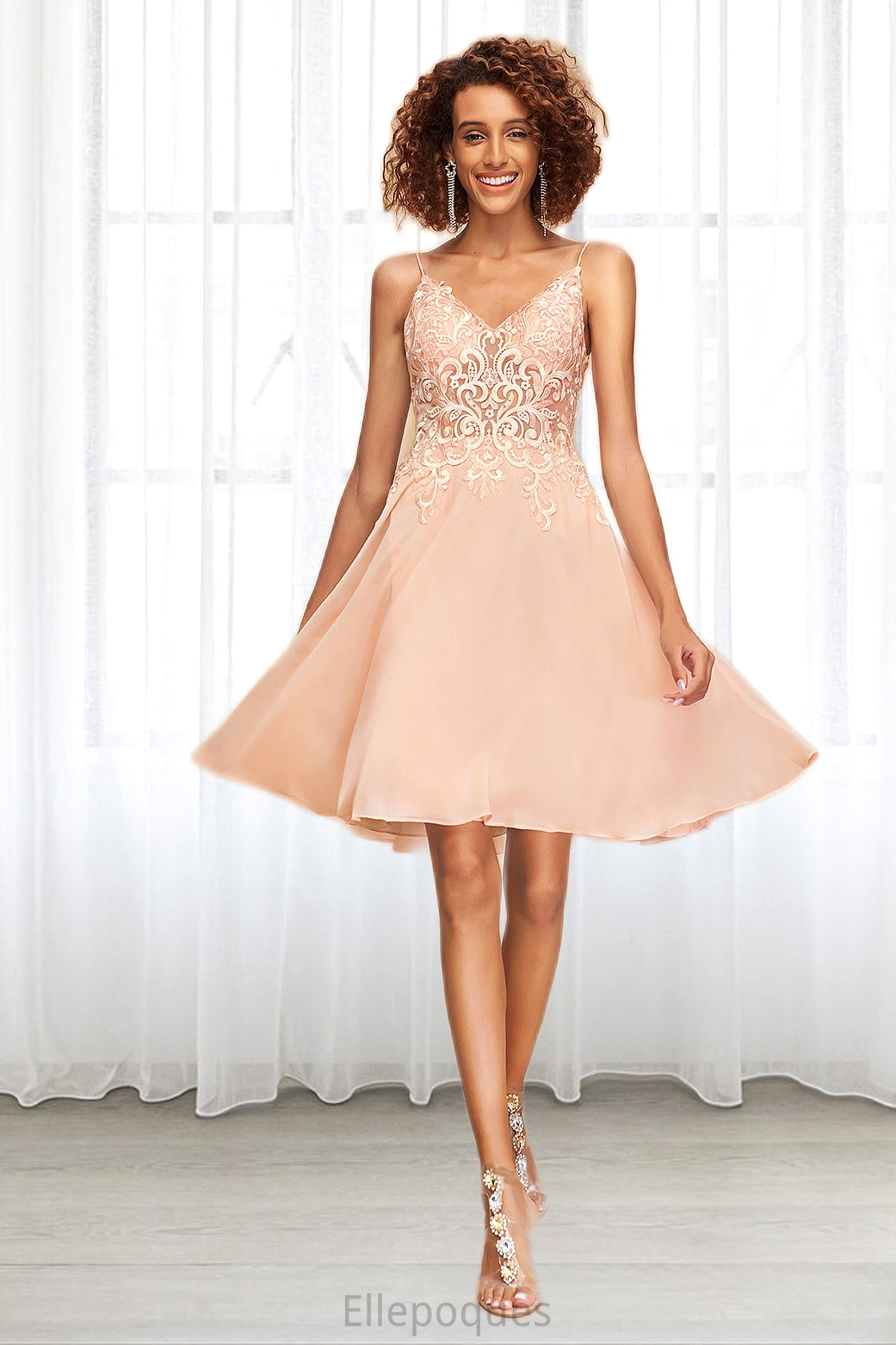 Megan A-line V-Neck Knee-Length Chiffon Lace Homecoming Dress HOP0020527