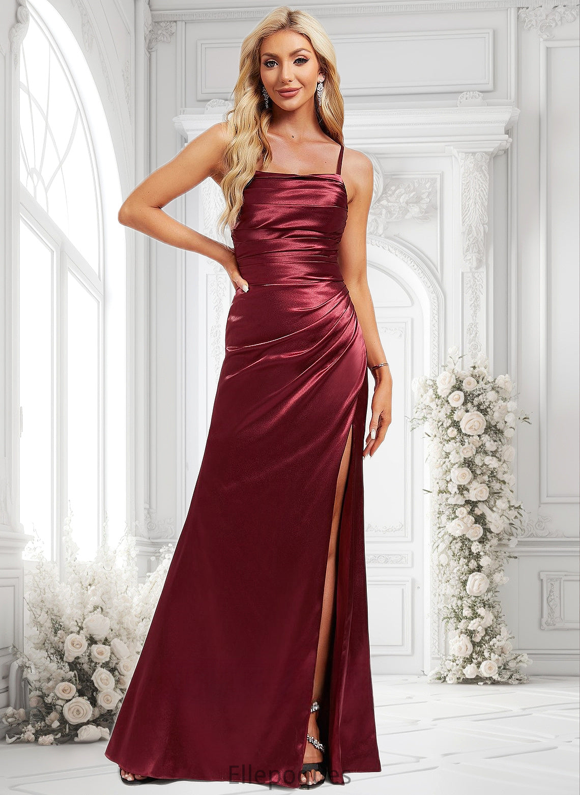 Kim Trumpet/Mermaid Square Floor-Length Stretch Satin Prom Dresses With Ruffle HOP0025875