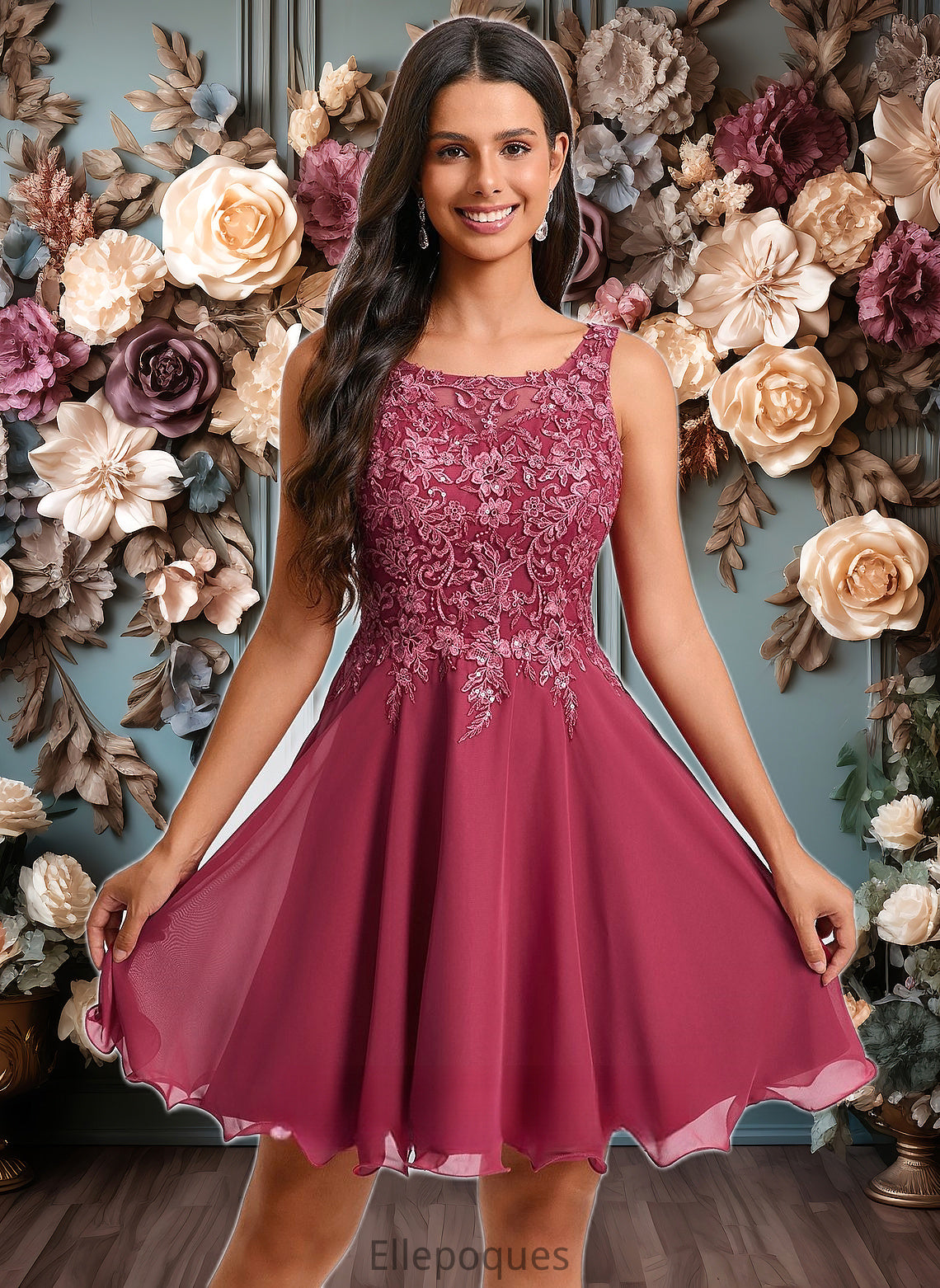 Paulina A-line Scoop Short Chiffon Homecoming Dress With Sequins Appliques Lace HOP0025681