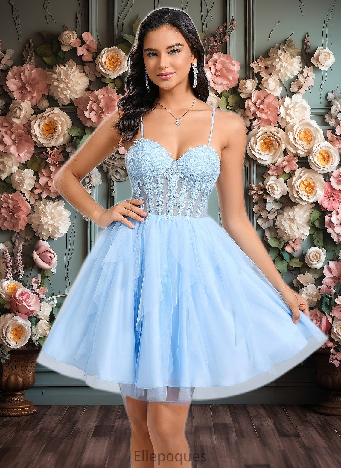 Joselyn Ball-Gown/Princess Sweetheart Short Lace Tulle Homecoming Dress With Ruffle HOP0025707