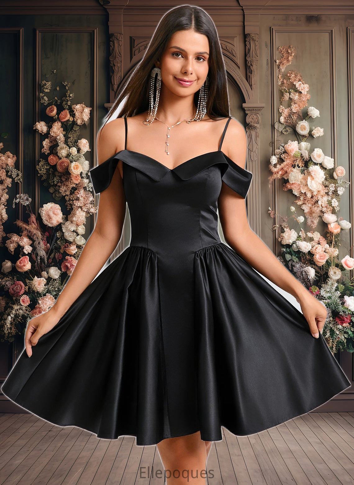 Jazmyn A-line Off the Shoulder Short Satin Homecoming Dress HOP0025704