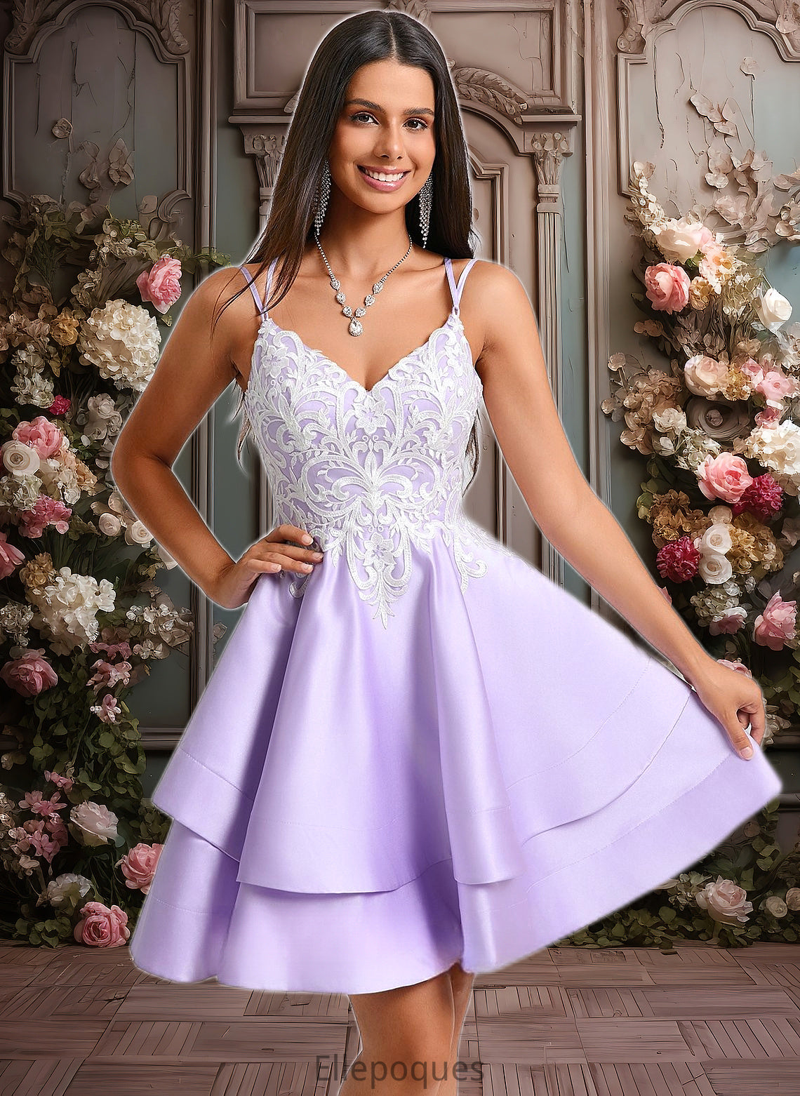 Naomi A-line V-Neck Short Satin Homecoming Dress With Appliques Lace HOP0025696