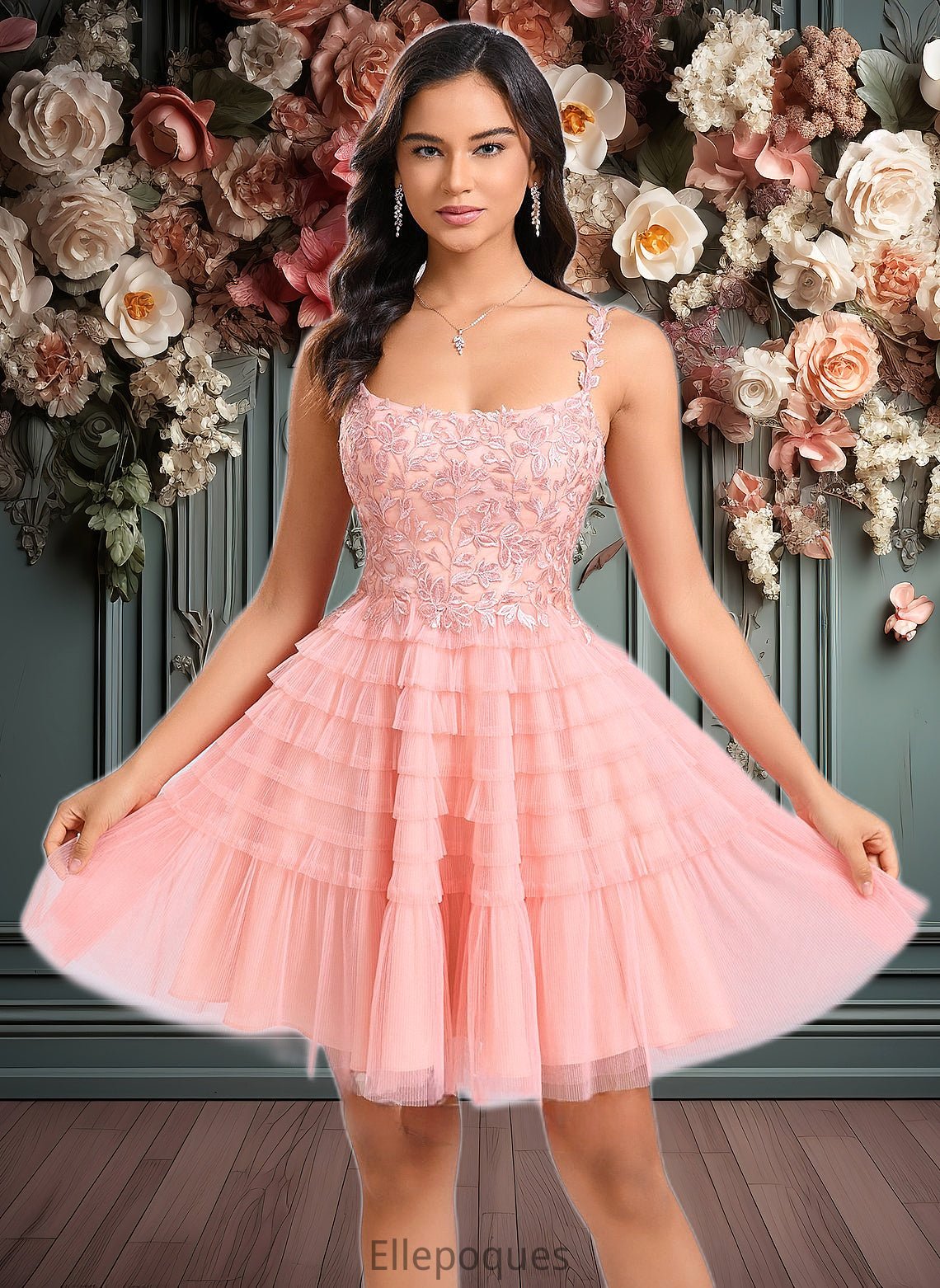 Elaine Ball-Gown/Princess Scoop Short Tulle Lace Homecoming Dress With Ruffle HOP0025676