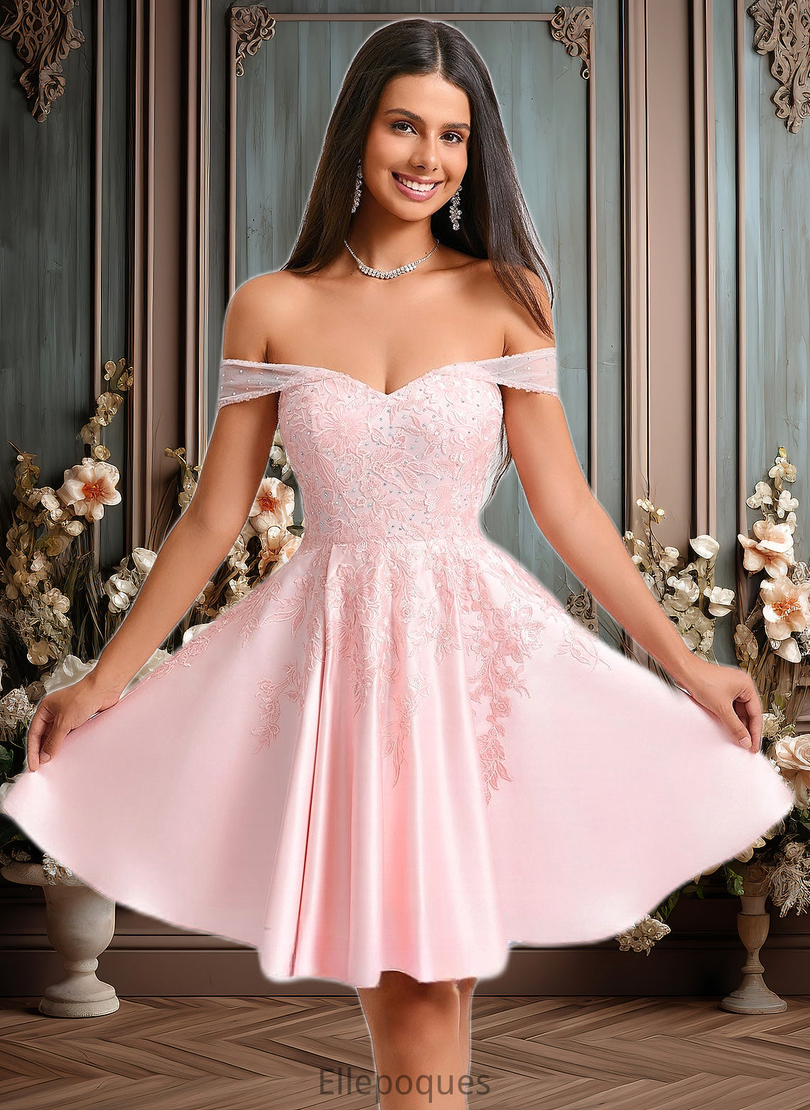 Alicia A-line Off the Shoulder Short Satin Homecoming Dress With Rhinestone Beading Appliques Lace HOP0025679