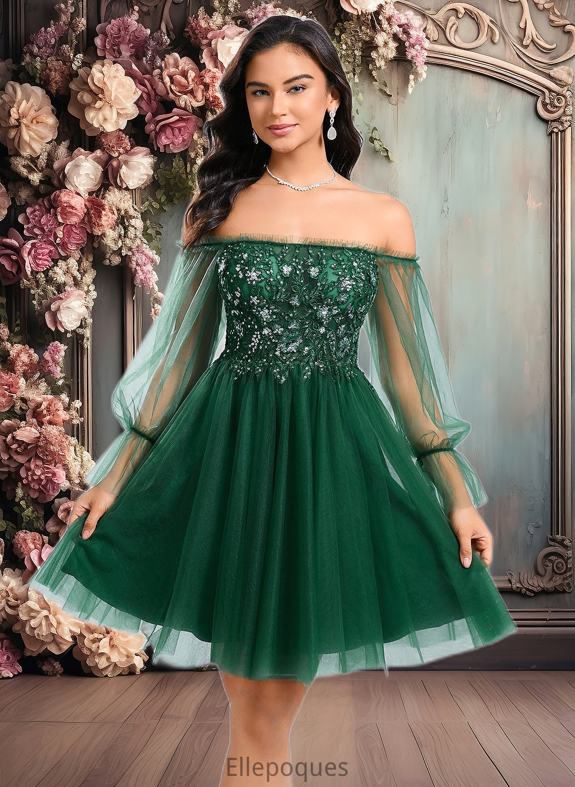 Cassie A-line Off the Shoulder Short Tulle Homecoming Dress With Sequins Appliques Lace HOP0025663