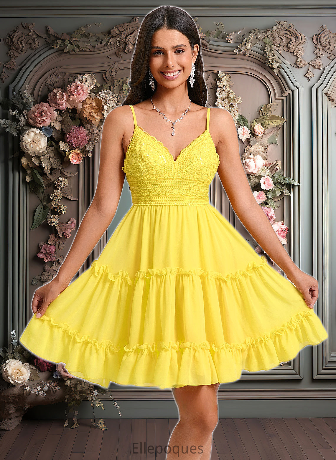 Esther A-line V-Neck Short Chiffon Homecoming Dress With Ruffle Sequins HOP0025700