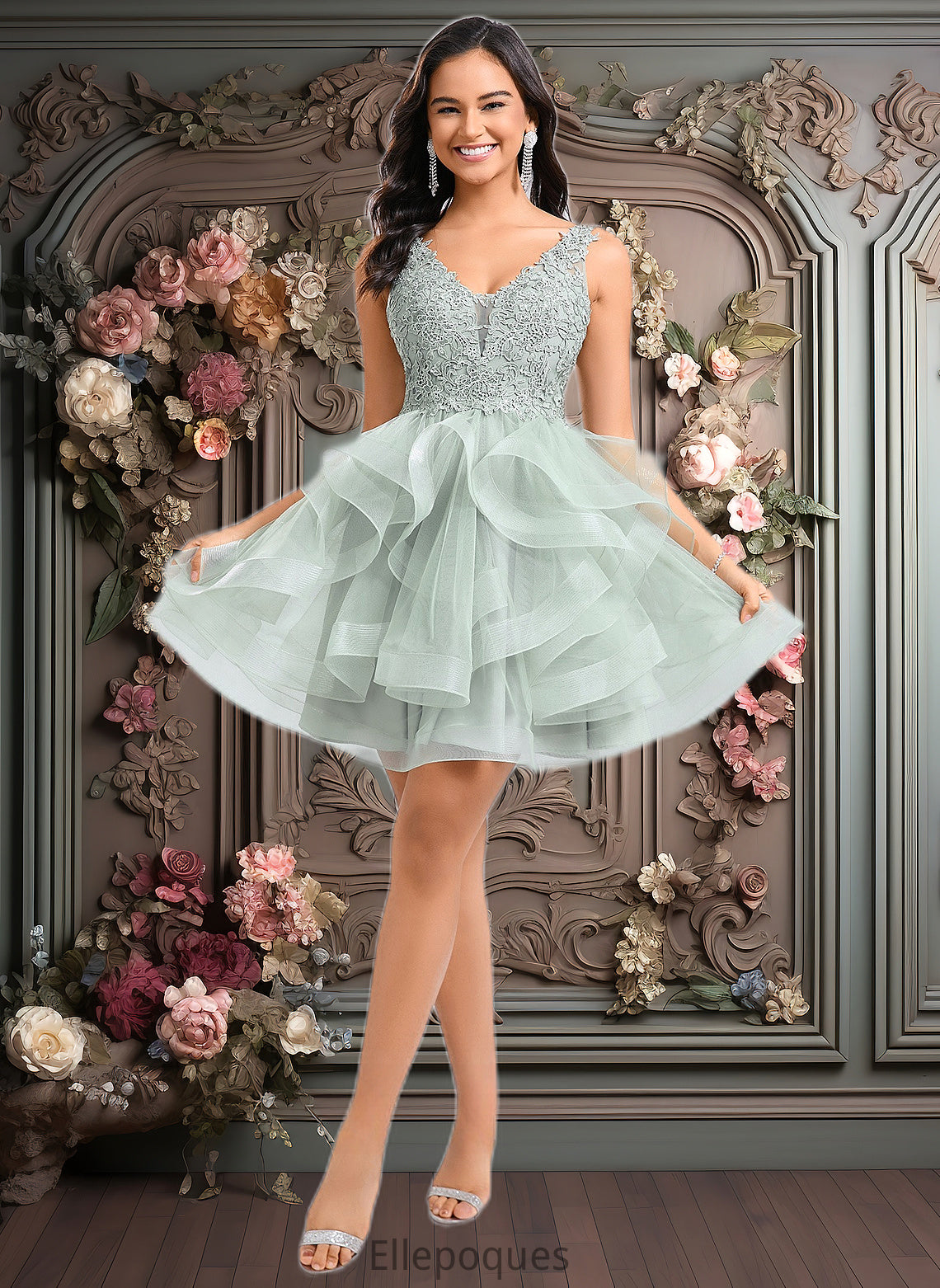 Amani Ball-Gown/Princess V-Neck Short Tulle Lace Homecoming Dress HOP0025671