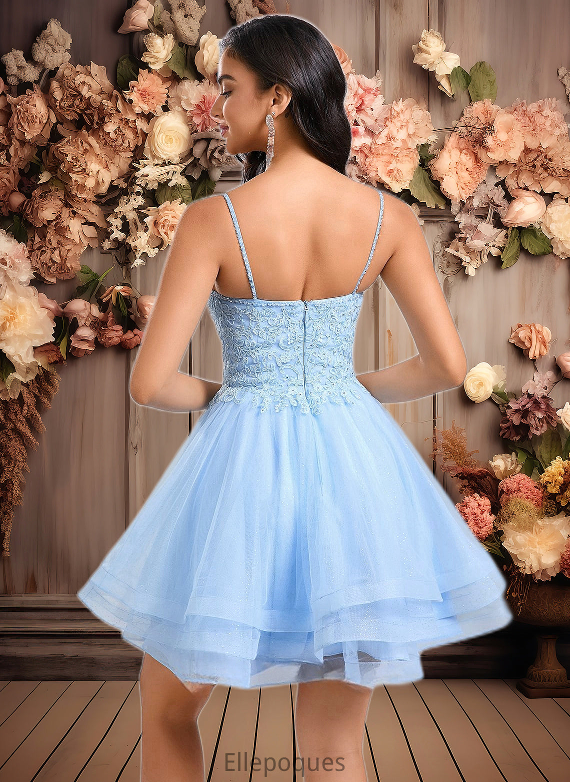 Gertie A-line V-Neck Short Lace Tulle Homecoming Dress With Rhinestone Sequins HOP0025658