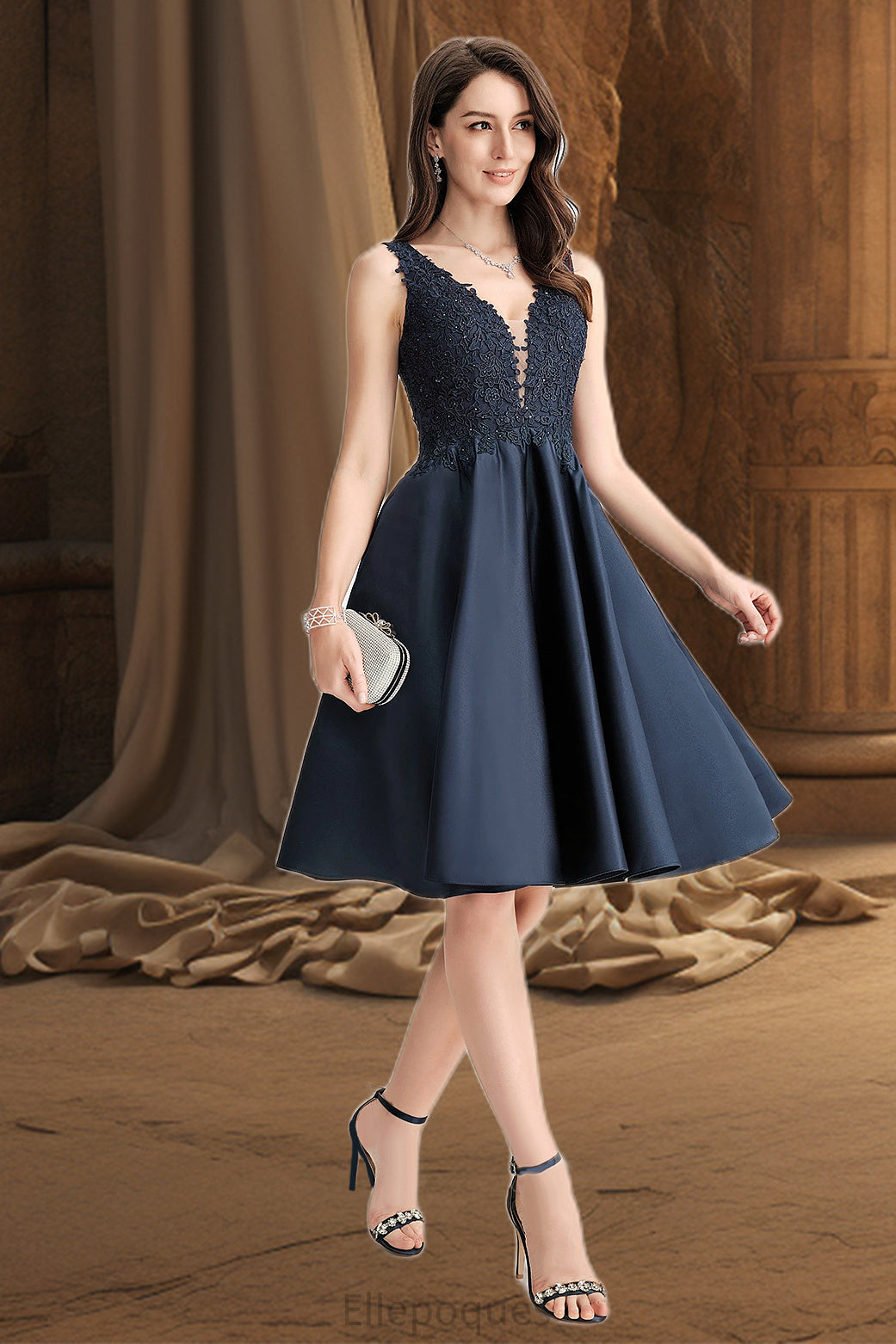 Cameron A-line V-Neck Knee-Length Lace Satin Homecoming Dress With Beading HOP0020517