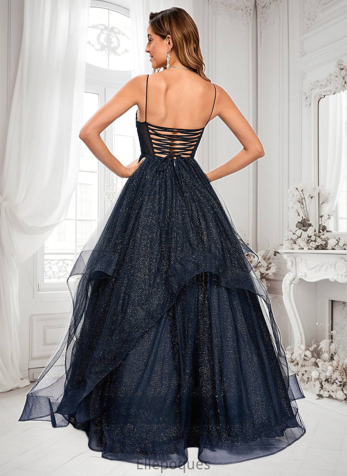 Angela Ball-Gown/Princess V-Neck Floor-Length Tulle Prom Dresses HOP0025863