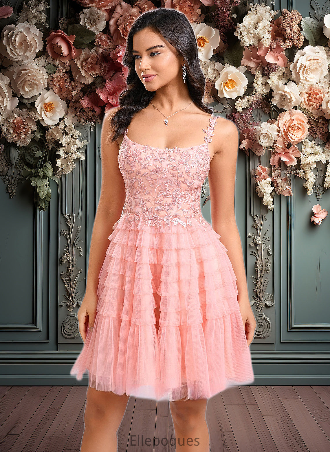 Elaine Ball-Gown/Princess Scoop Short Tulle Lace Homecoming Dress With Ruffle HOP0025676