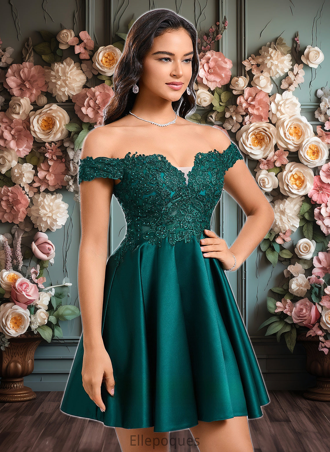 Maren A-line Off the Shoulder Short Lace Satin Homecoming Dress With Rhinestone HOP0025718