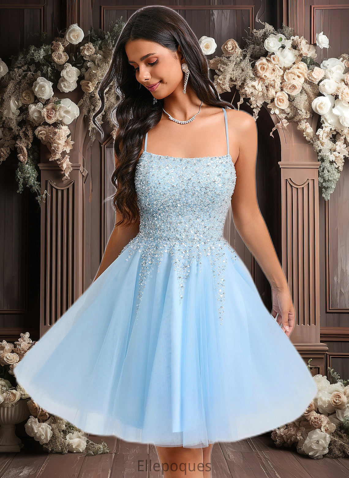 Kamari A-line Scoop Short Tulle Sequin Homecoming Dress With Sequins Beading HOP0025706