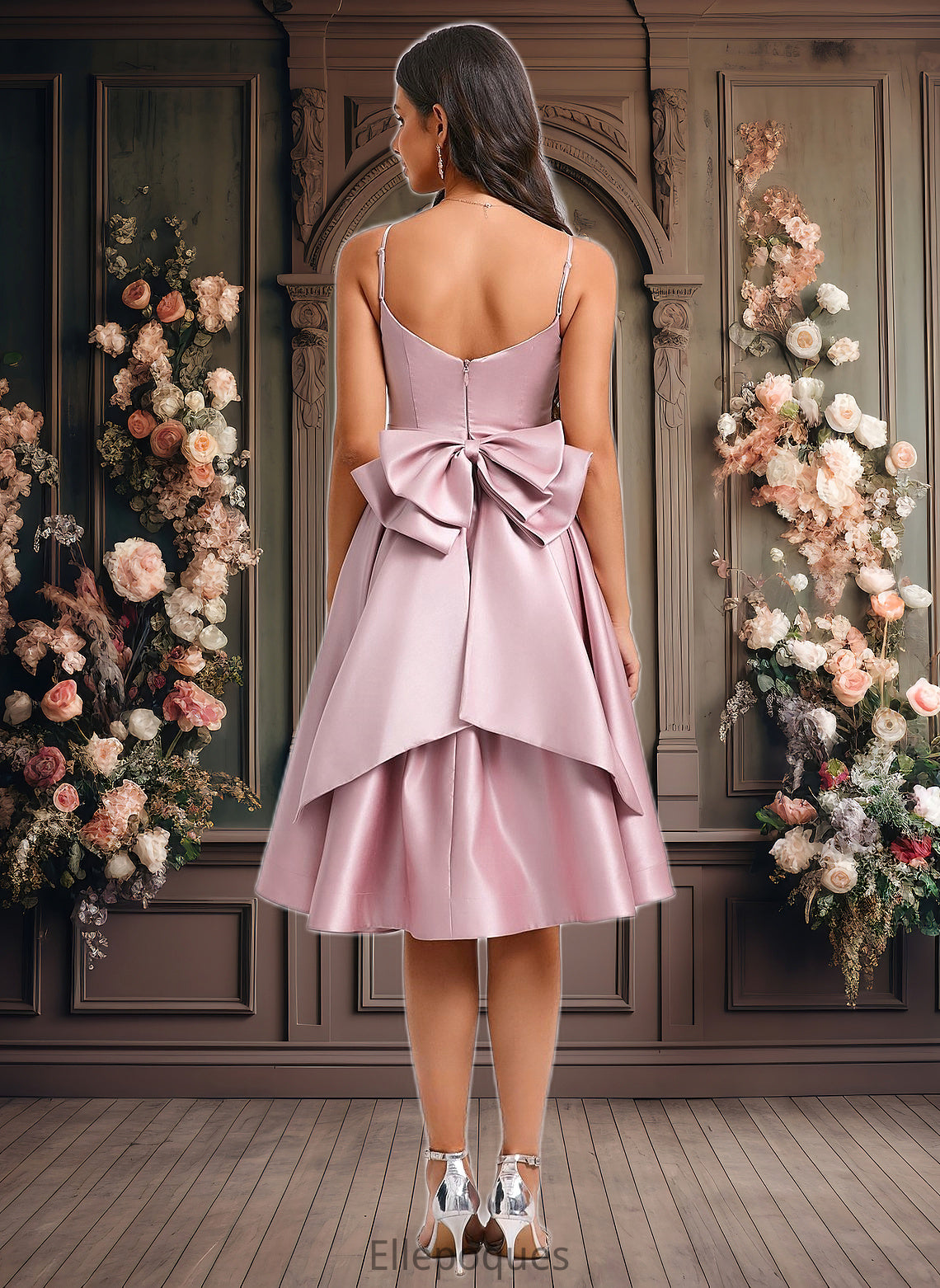 Sal A-line V-Neck Asymmetrical Satin Homecoming Dress With Bow Pleated HOP0025699