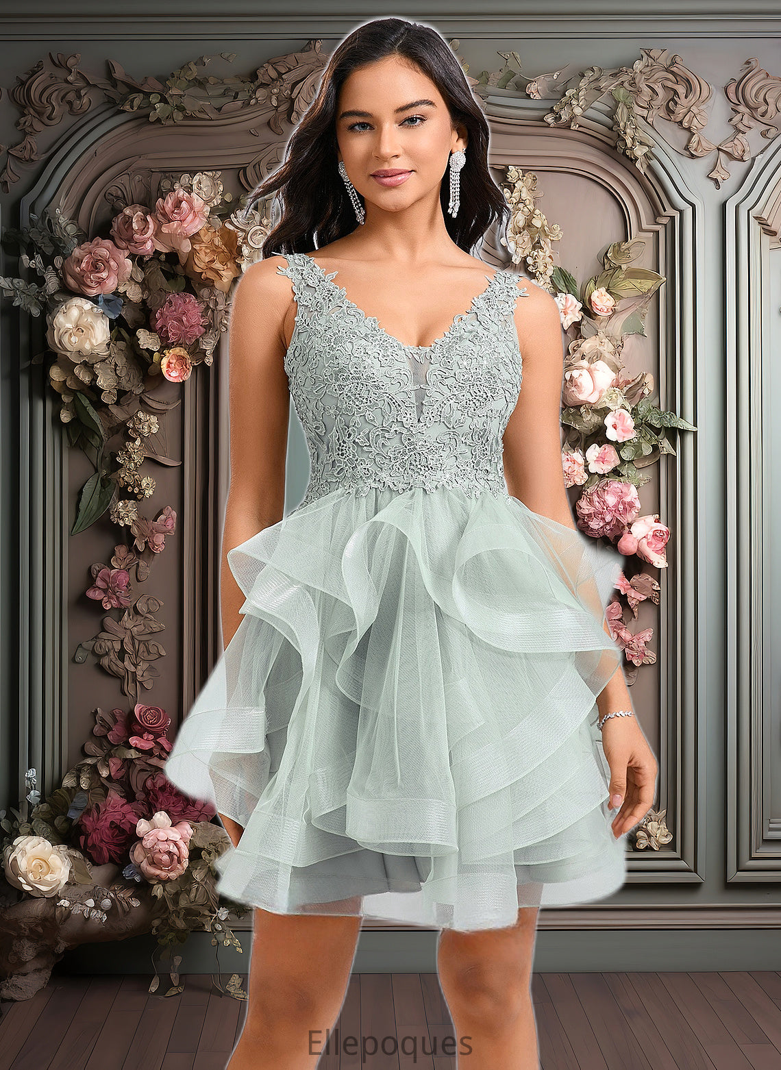 Amani Ball-Gown/Princess V-Neck Short Tulle Lace Homecoming Dress HOP0025671