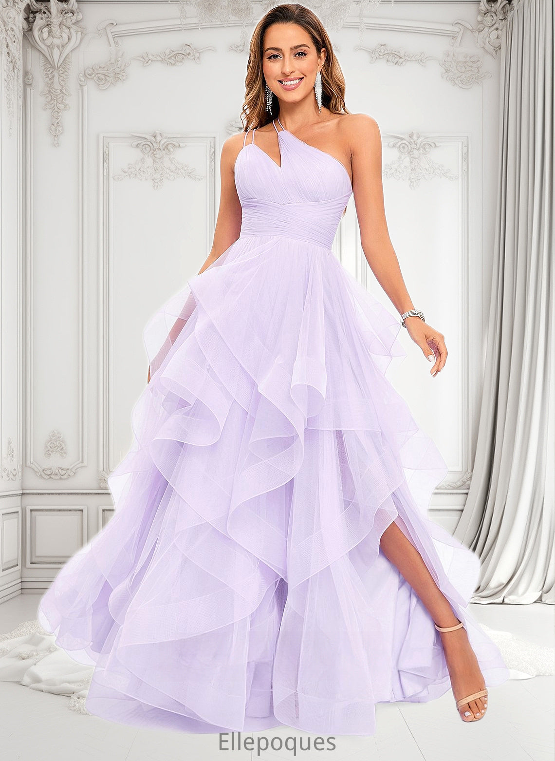 Annie Ball-Gown/Princess Asymmetrical One Shoulder Floor-Length Tulle Prom Dresses HOP0025867