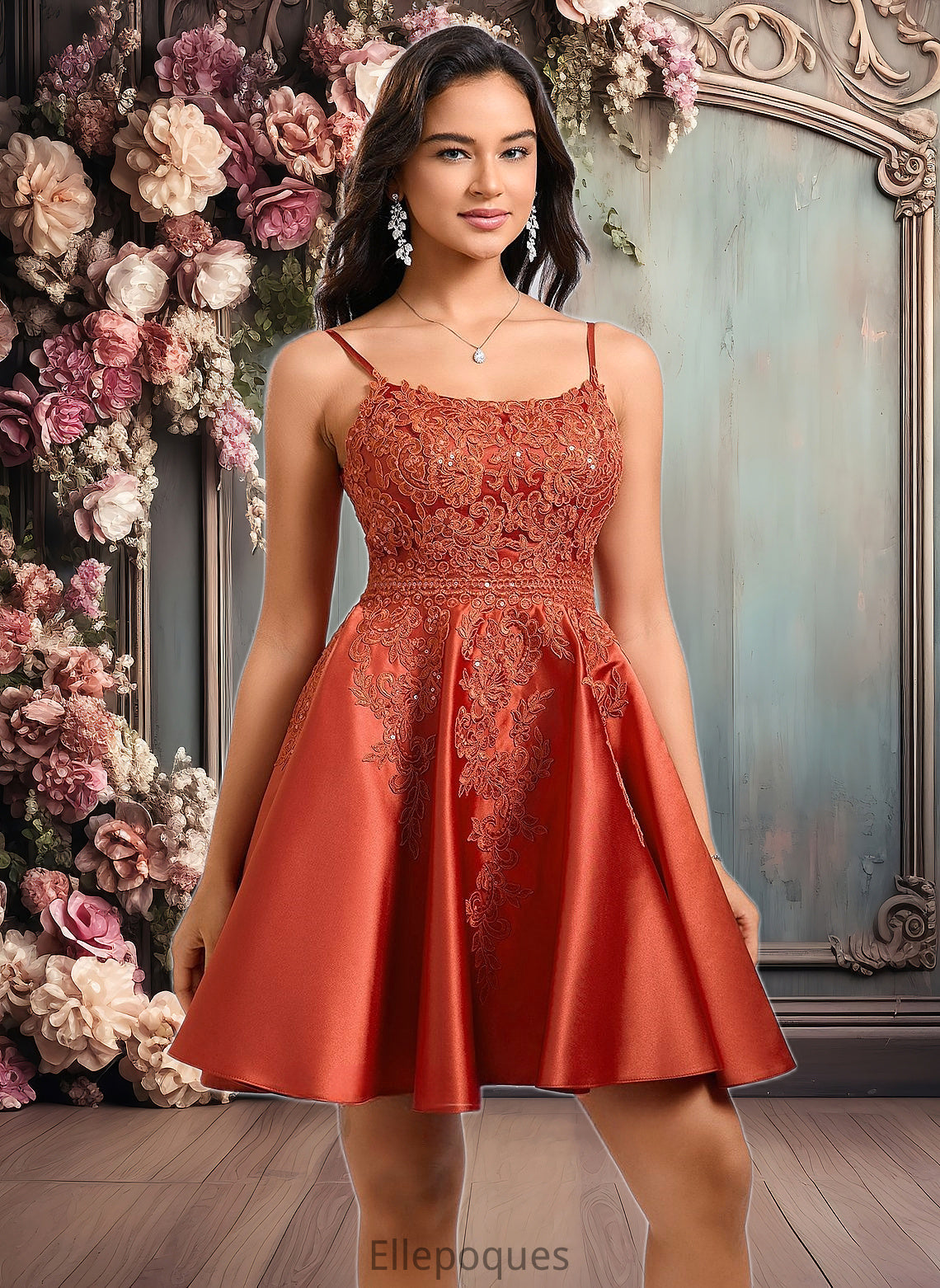 Marian A-line Scoop Short Satin Lace Homecoming Dress With Sequins HOP0025683