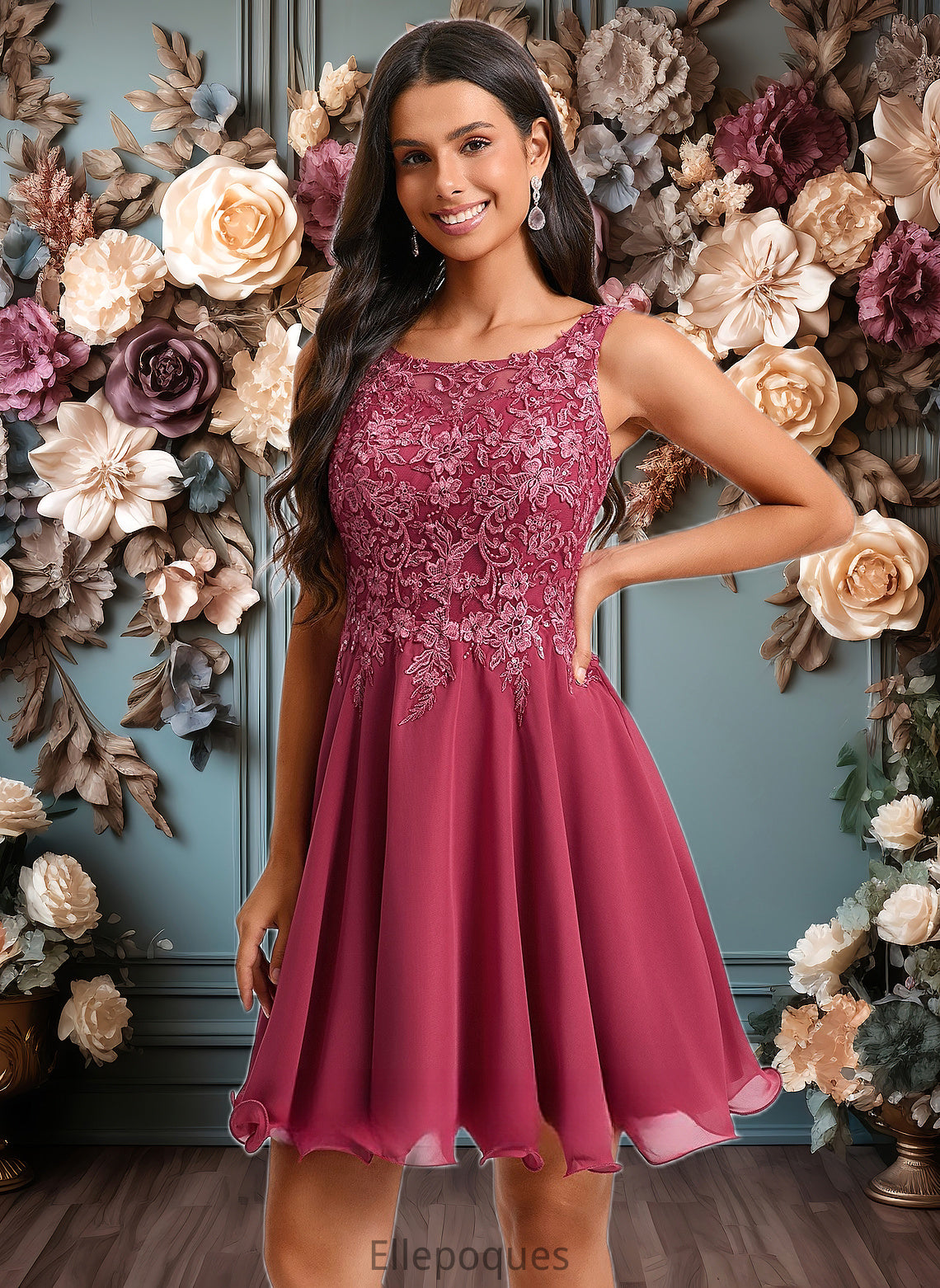 Paulina A-line Scoop Short Chiffon Homecoming Dress With Sequins Appliques Lace HOP0025681