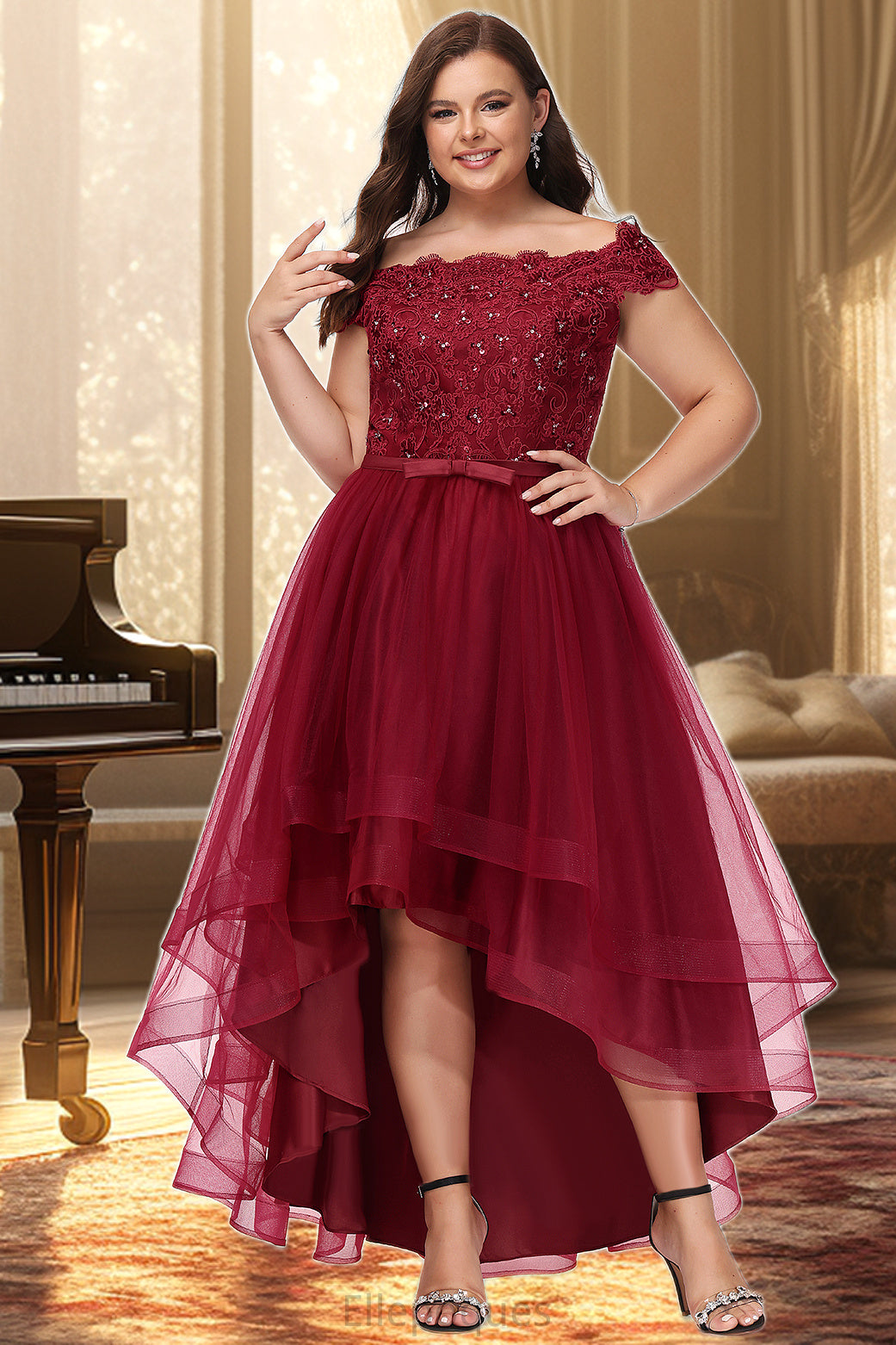 Luciana A-line Off the Shoulder Asymmetrical Lace Tulle Homecoming Dress With Beading Bow Sequins HOP0020535