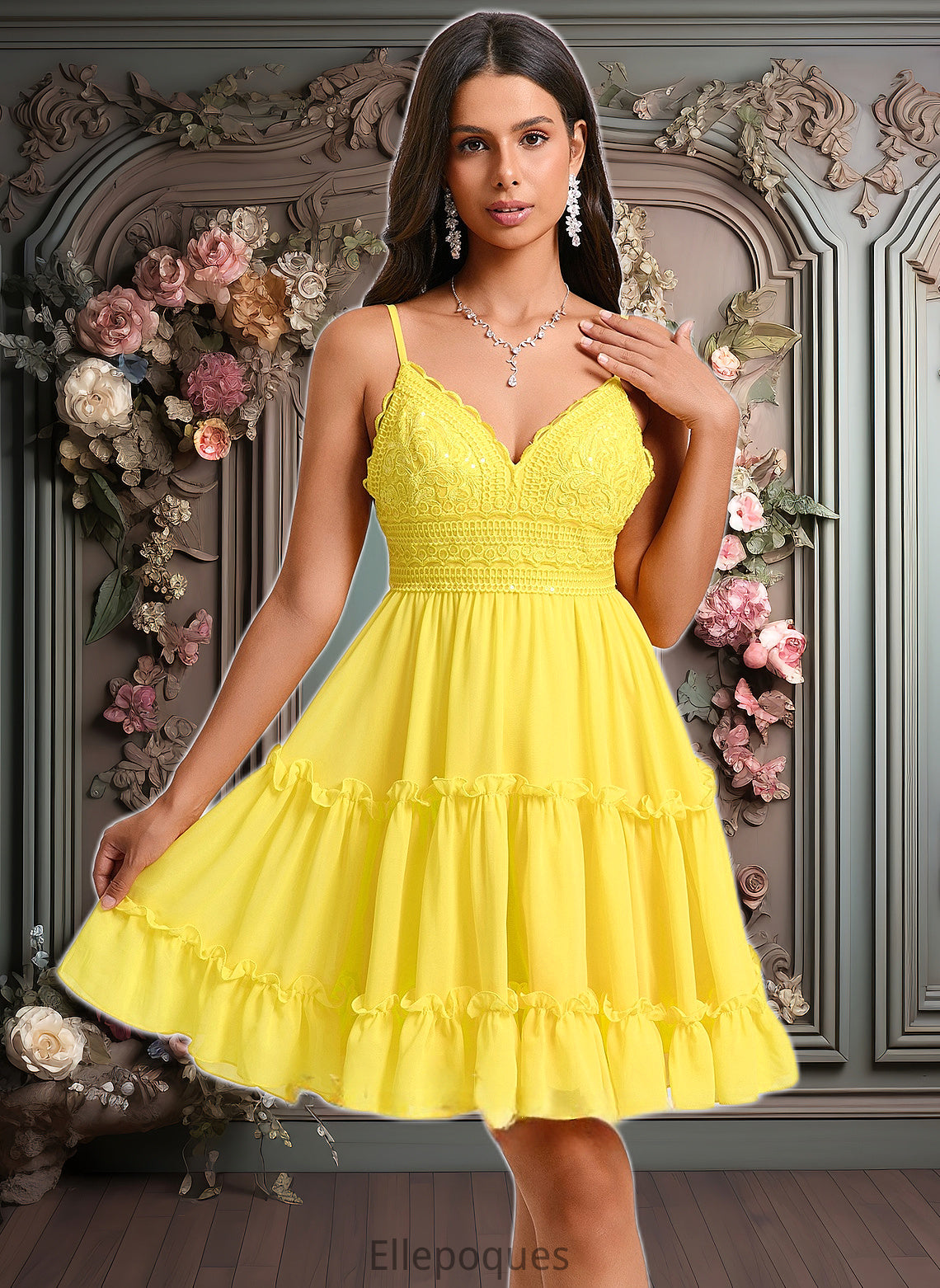 Esther A-line V-Neck Short Chiffon Homecoming Dress With Ruffle Sequins HOP0025700