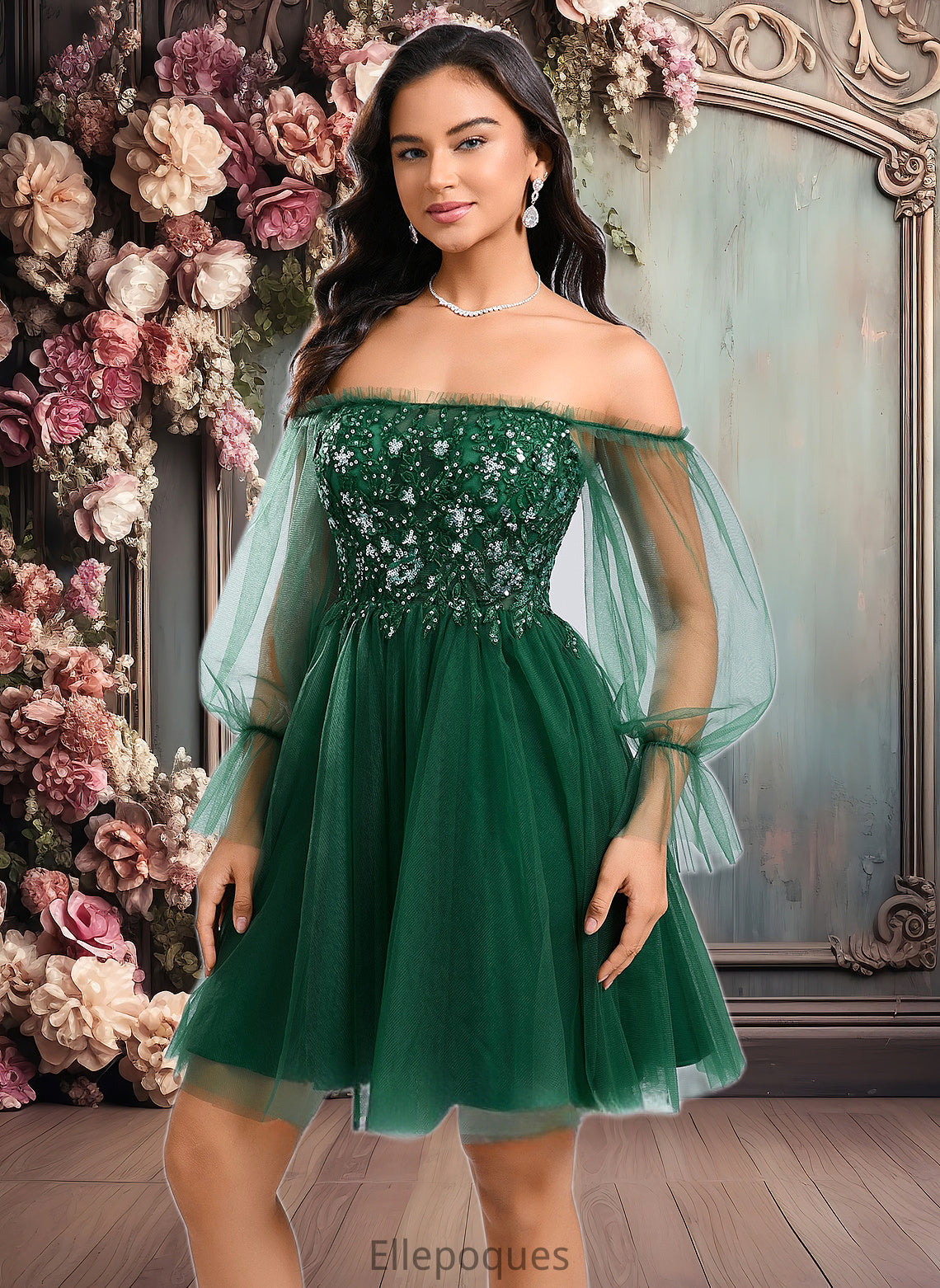 Cassie A-line Off the Shoulder Short Tulle Homecoming Dress With Sequins Appliques Lace HOP0025663