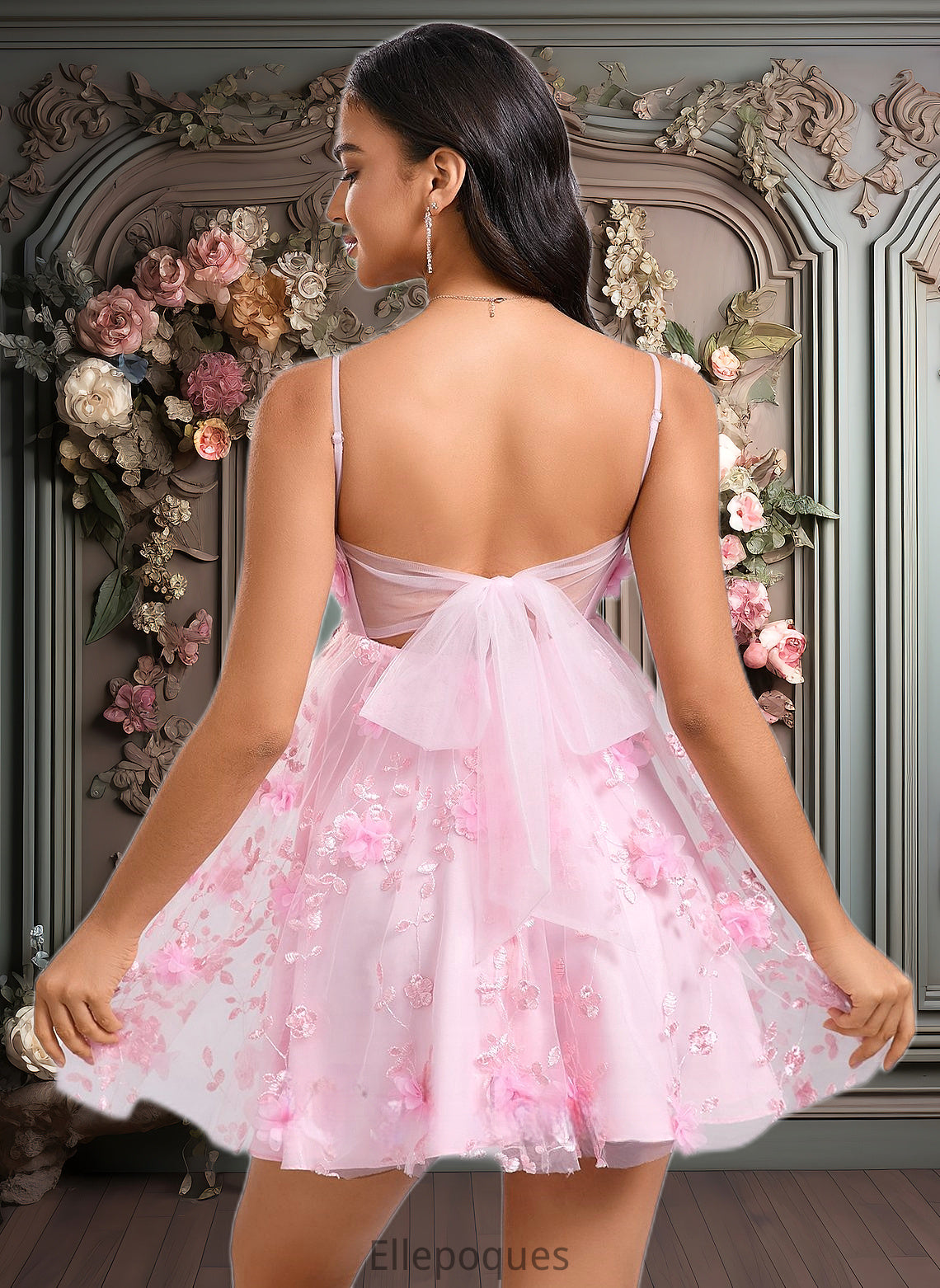 Jo A-line Straight Mini Lace Homecoming Dress With Bow Flower HOP0025670