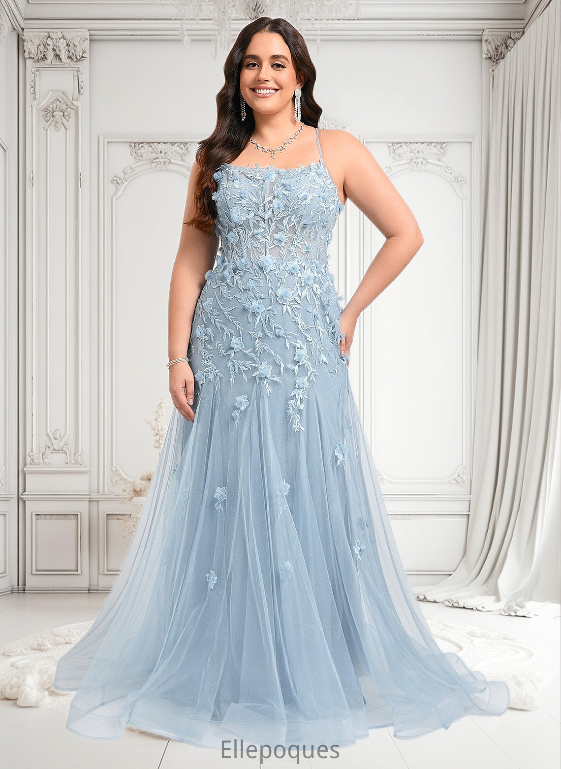 Laurel Trumpet/Mermaid Straight Sweep Train Tulle Prom Dresses With Flower HOP0025866