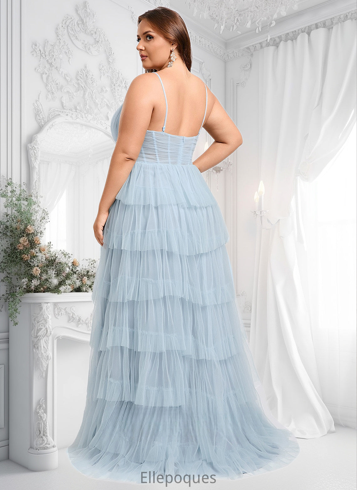 Angelica Ball-Gown/Princess V-Neck Sweep Train Tulle Prom Dresses HOP0025833