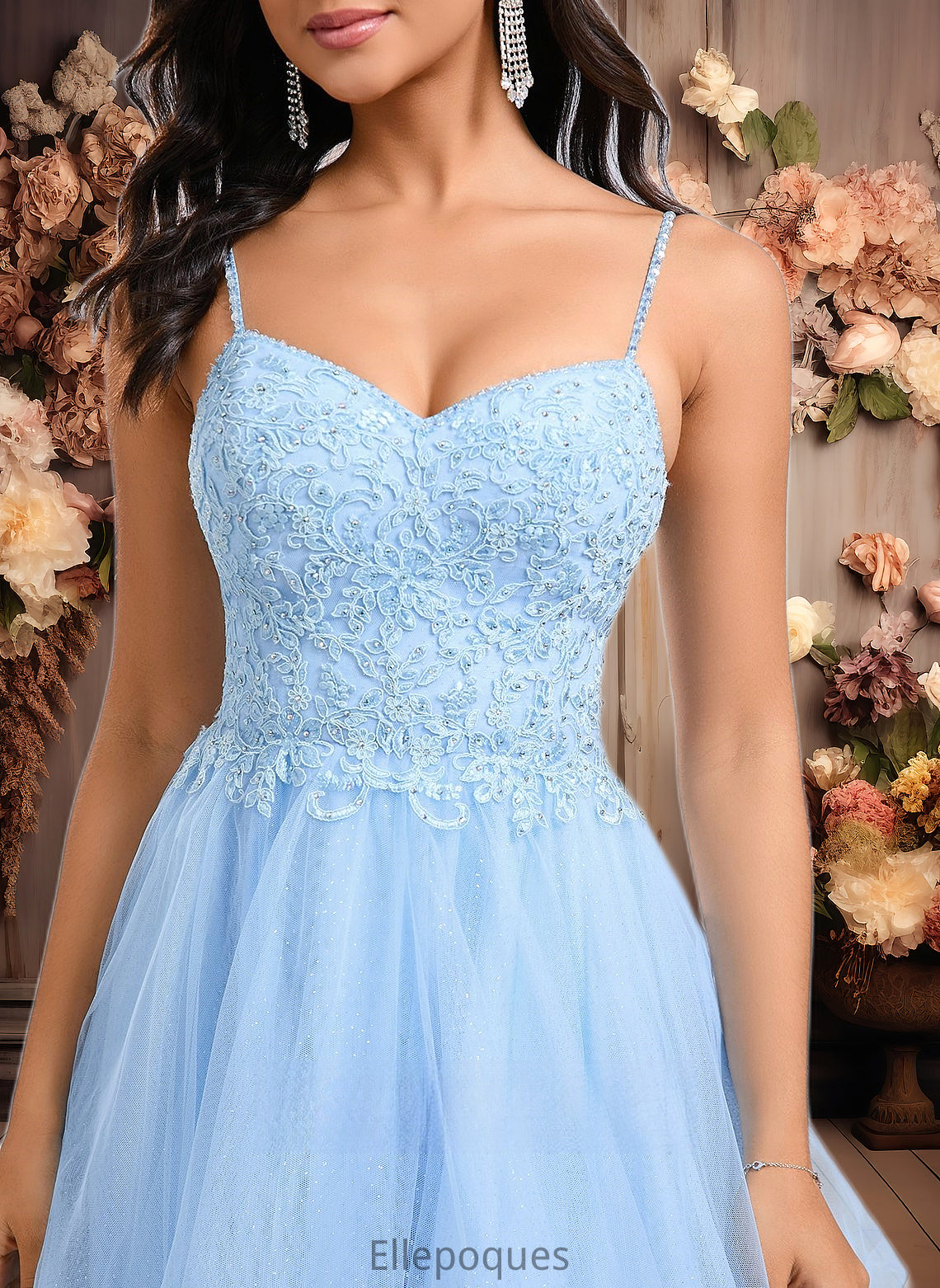 Gertie A-line V-Neck Short Lace Tulle Homecoming Dress With Rhinestone Sequins HOP0025658