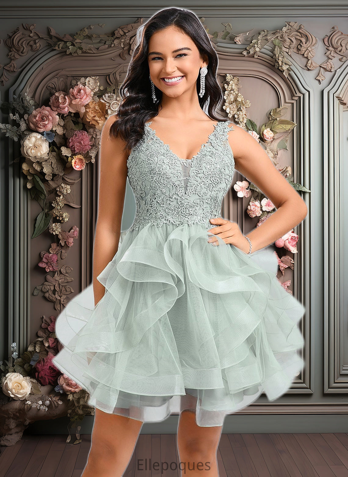 Amani Ball-Gown/Princess V-Neck Short Tulle Lace Homecoming Dress HOP0025671