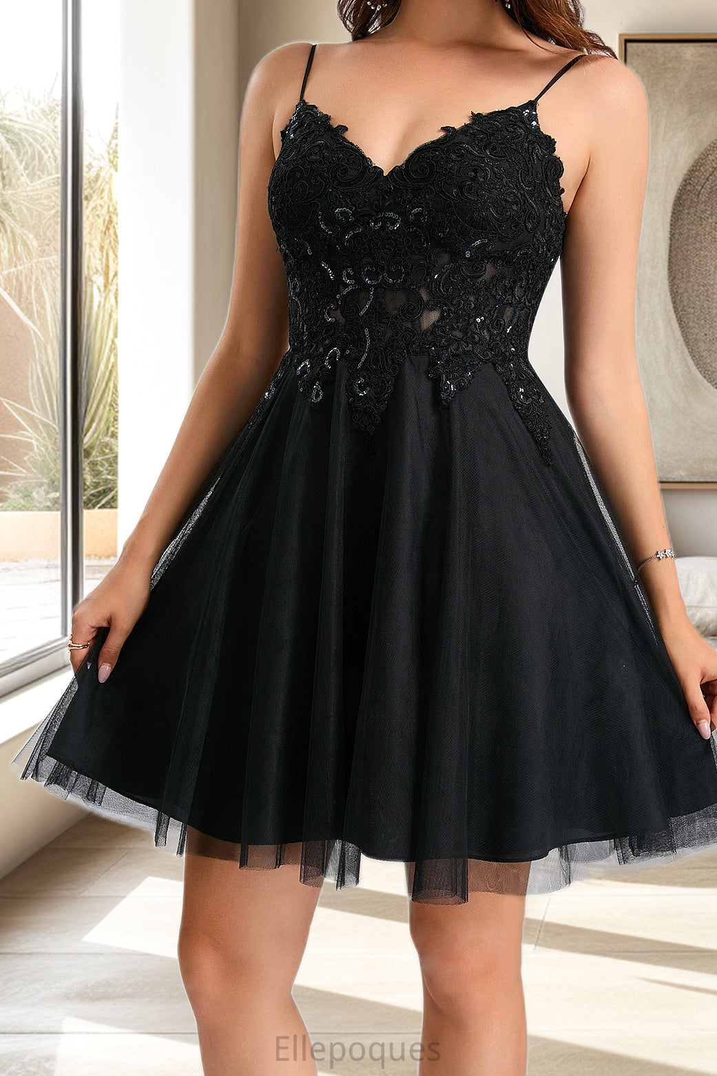 Katherine A-line V-Neck Short/Mini Tulle Homecoming Dress With Sequins HOP0020462