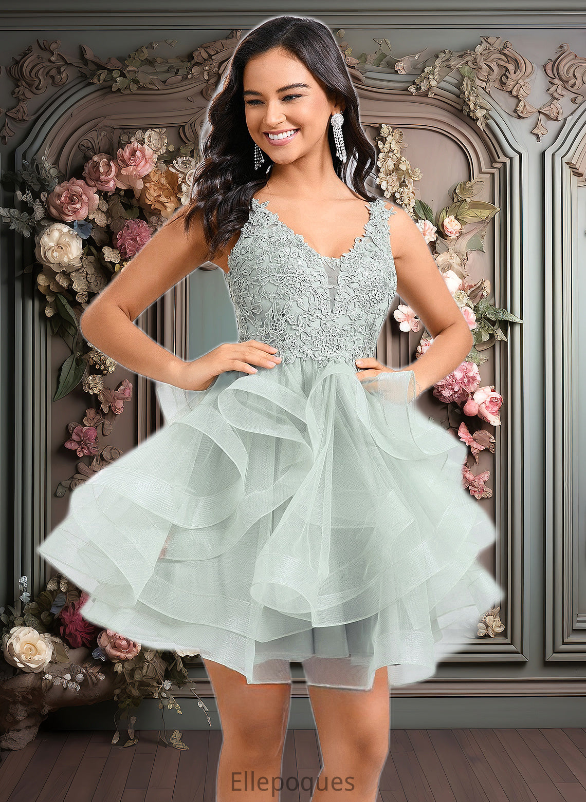 Amani Ball-Gown/Princess V-Neck Short Tulle Lace Homecoming Dress HOP0025671