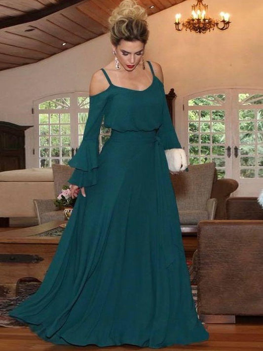 Mckenzie A-Line/Princess Chiffon Ruffles Square Long Sleeves Floor-Length Mother of the Bride Dresses HOP0020433