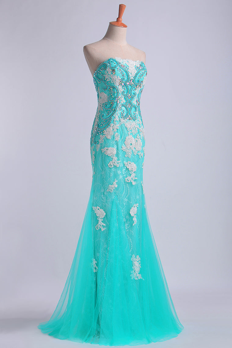 2024 Prom Dresses Strapless Column With Beading And Applique